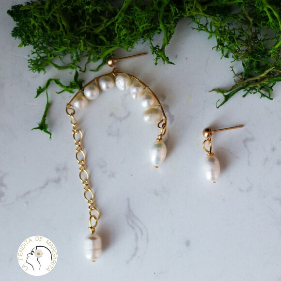 Handmade gold filled pearls earrings asymmetrical long - Picture 1 of 5